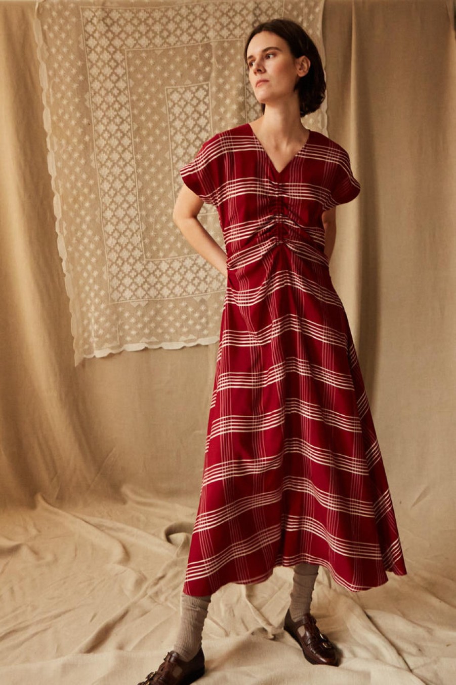 Clothing CARON CALLAHAN | Veda Dress | Crimson Embroidered Plaid