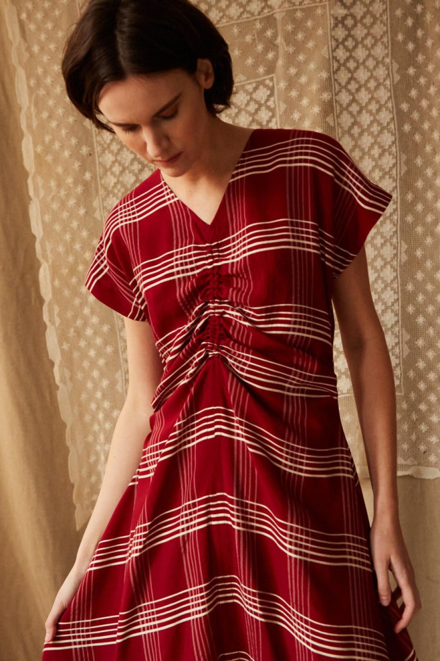 Clothing CARON CALLAHAN | Veda Dress | Crimson Embroidered Plaid