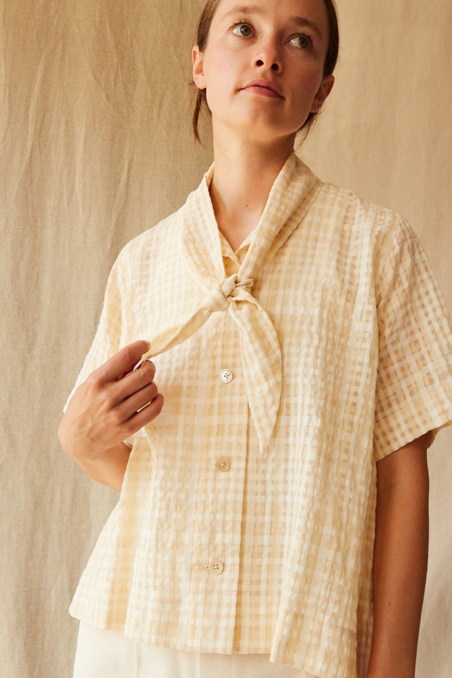 Clothing CARON CALLAHAN | Wesley Shirt | Tonal Cream Gauze Plaid