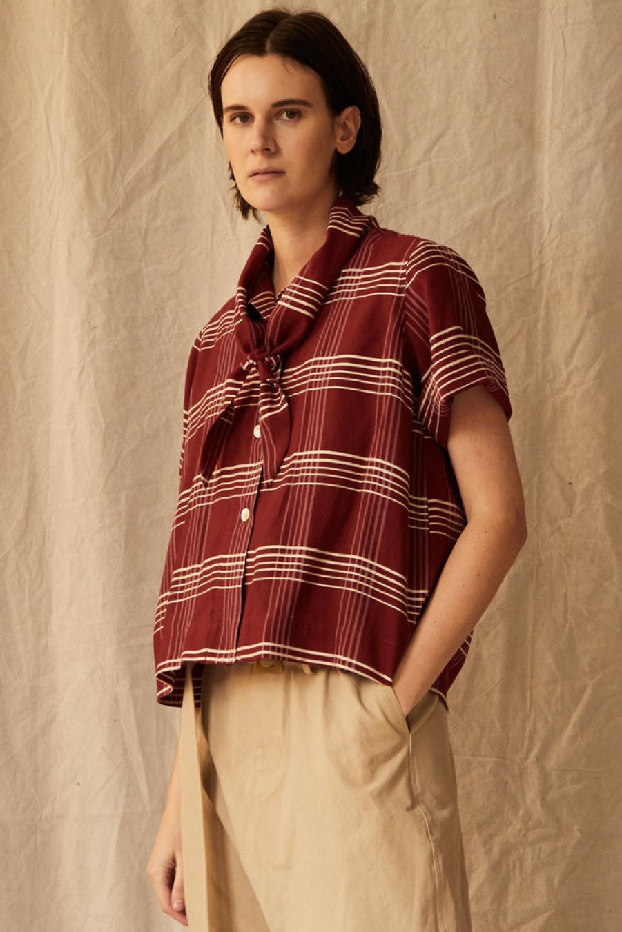 Clothing CARON CALLAHAN | Wesley Shirt | Crimson Embroidered Plaid