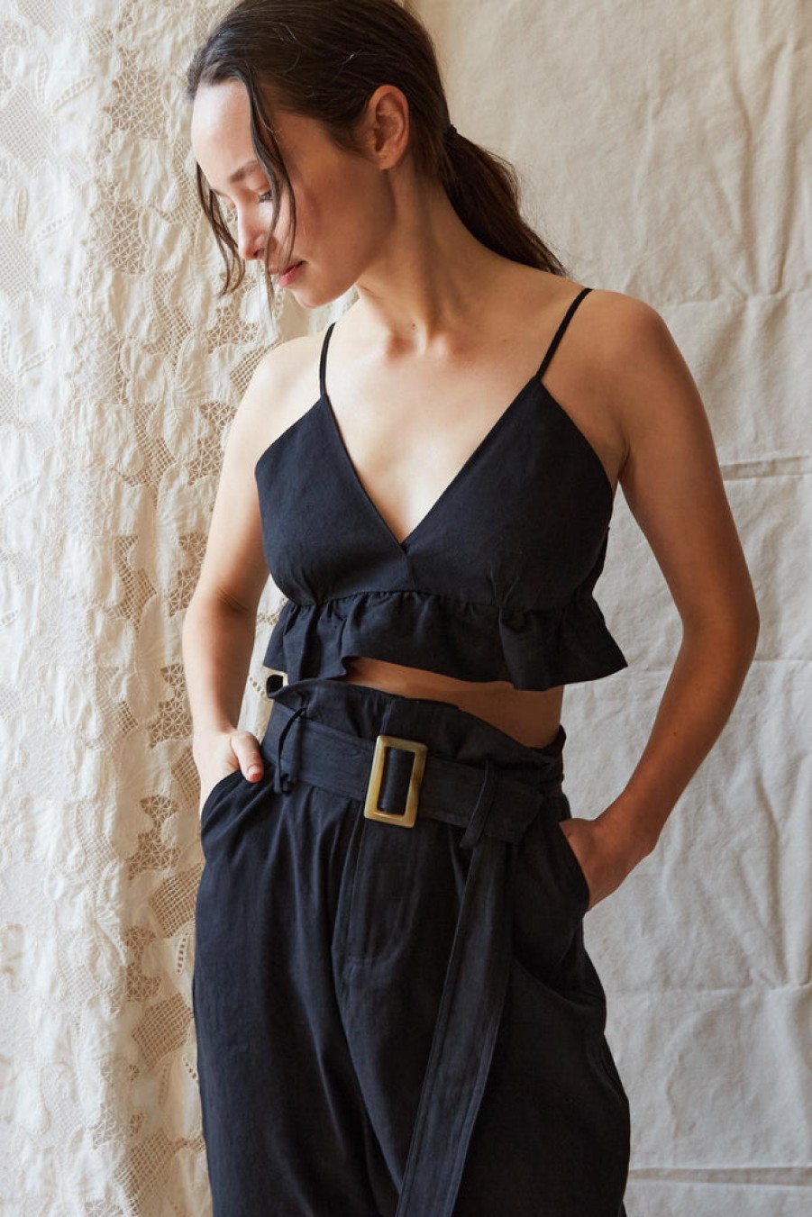 Clothing CARON CALLAHAN | Renee Bralette | Black Cotton Linen