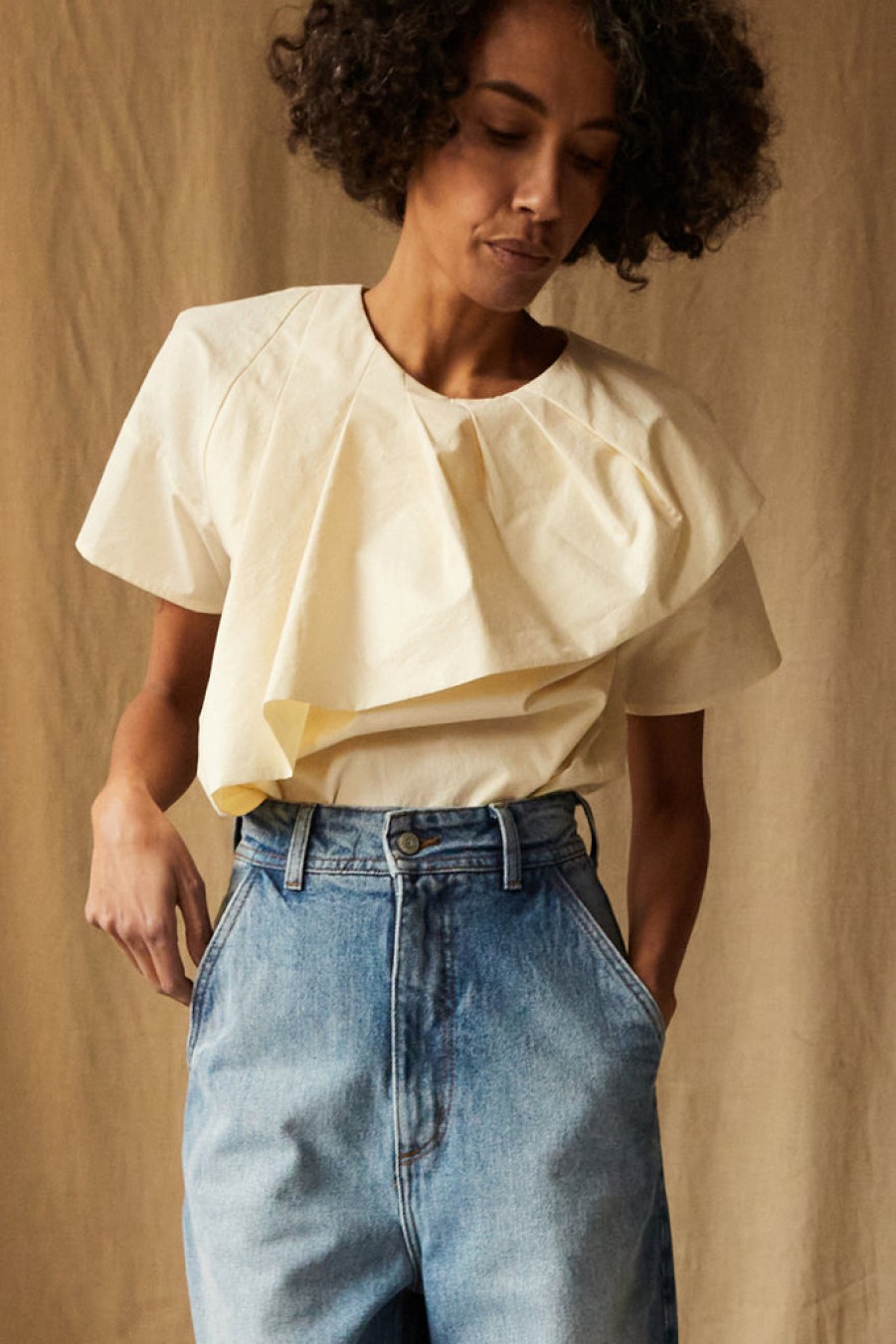 Clothing CARON CALLAHAN | Lou Top | Cream Shiny Poplin