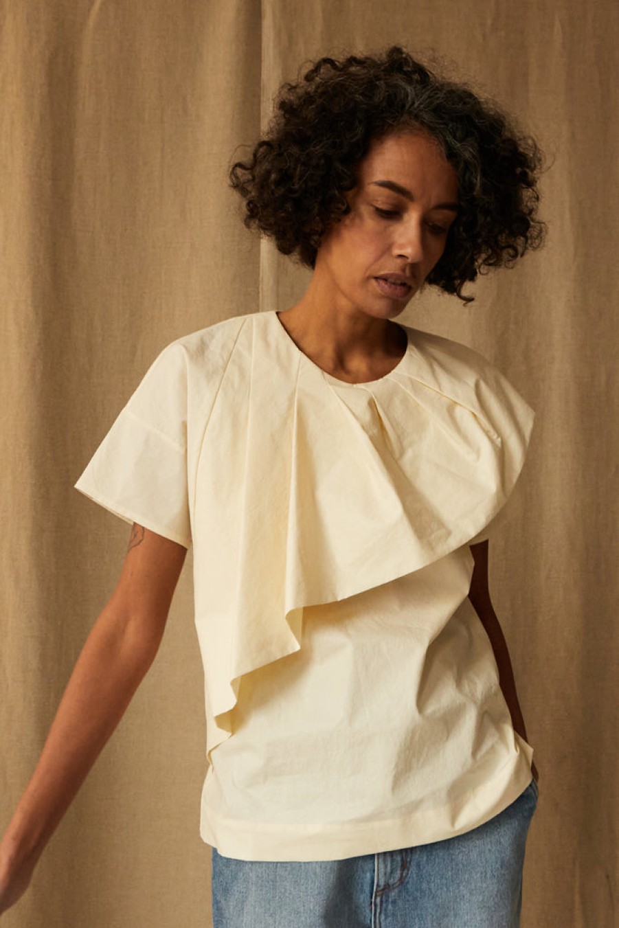 Clothing CARON CALLAHAN | Lou Top | Cream Shiny Poplin